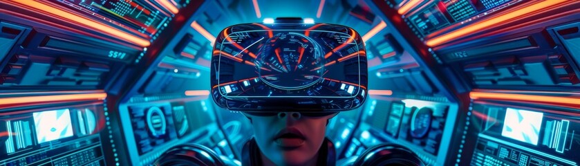 Poster - Futuristic scene of a person wearing a VR headset, surrounded by vibrant digital interfaces in a high-tech environment.