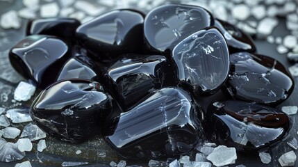 Poster - Tumbled black obsidian gemstone on dark. Generative AI.