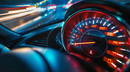 A speedometer design for car auto dashboards, showcasing abstract technology with a download progress bar or round indicator representing web speed. This vector design merges automotive 