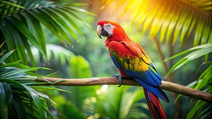 Parrot perched on a lush green branch in a tropical forest , colorful, bird, wildlife, exotic, feathers, nature, vibrant, tropical, fauna, foliage, branch, green, wild, animal, perch