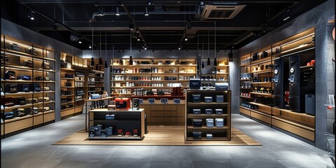 Poster - Electrical retailers shop with low height black double Metal Shelving for small domestic appliances. Generative AI.