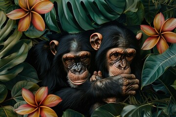 Poster - Male and female chimpanzees huddle in the jungle among tropical leaves