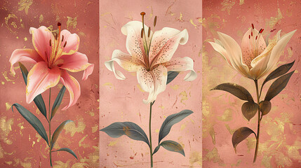 Wall Mural - Set of vintage-style botanical prints with pink roses and golden leaves, ideal for wall decoration