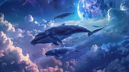 Wall Mural - Majestic whales soaring beneath a stunning cosmic sky with a full moon backdrop