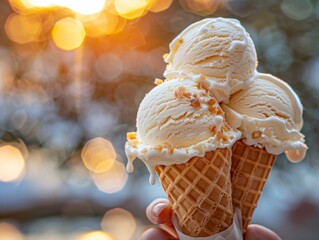 Close up, a hand holds two fresh vanilla ice cream cones against a backdrop of sunlight