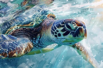 Wall Mural - Underwater Drawing. Sea Turtle in Watercolor Painting Style