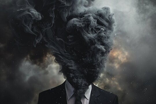 Man in black suit vanishing in a dark black smoke from head, surreal emotional concept