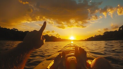 Poster - man puts fingers down in lake kayaking against backdrop of golden sunset, unity harmony nature