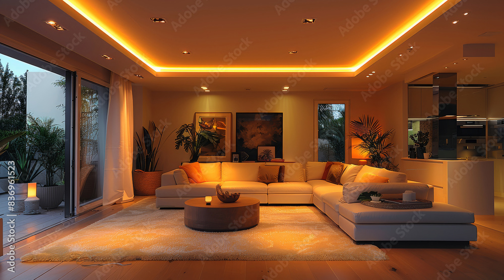 A modern living room with warm LED lighting fixtures illuminating the ...