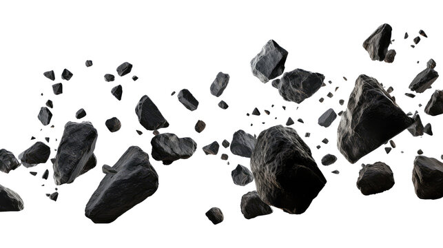 Falling black rocks isolated on transparent background Remove, Clipping Path