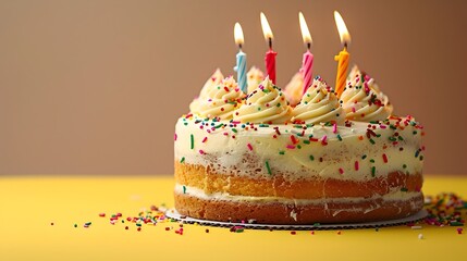 Vibrant Birthday Cake with Colorful Sprinkles on Plain Pastel Yellow Background