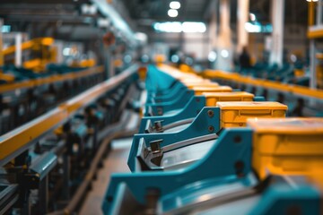 Poster - closeup of a conveyor belt in an industrial production line with selective focus