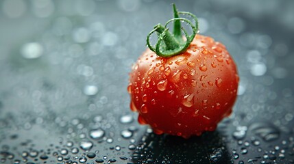 Wall Mural - Fresh Red Tomato with Water Droplets on Dark Background - Close-Up of Juicy Tomato with Green Stem - Healthy Organic Vegetable - High-Quality Food Photography for Culinary and Gardening Use