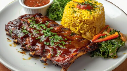 Poster - A beautiful, meaty piece of barbecue pork ribs on a round white plate, served with a generous tower of yellow rice, collard greens. Generative AI.