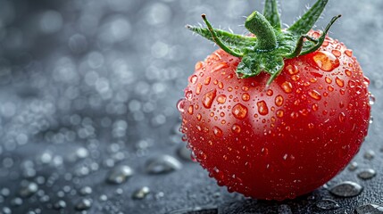 Wall Mural - Fresh Red Tomato with Water Droplets on Dark Background - Close-Up Shot of Juicy, Ripe Tomato with Green Stem and Water Droplets