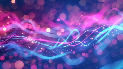 Wall Mural - abstract background with pink blue glowing neon lines and bokeh lights