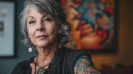 Stylish older woman with grey hair and tattoos, wearing artistic jewelry, posing confidently indoors with colorful artwork in the background. Embracing individuality and artistic expression