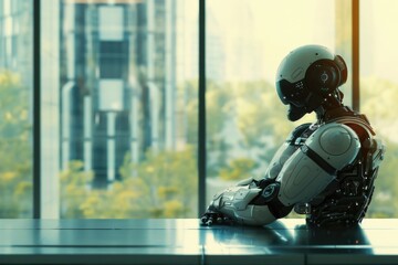 Poster - A robot sitting at a table in front of a window, providing an insight into its artificial intelligence and human-like capabilities