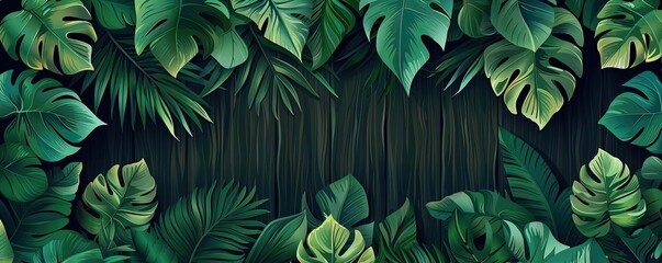 Lush green tropical jungle foliage creating a natural frame on a dark background, perfect for nature and exotic themed projects.