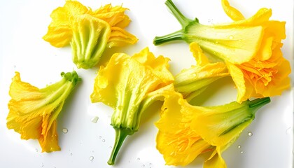 Wall Mural - Zucchini flowers dew kissed and freshly plucked with a creamy yellow hue, Ai Generated