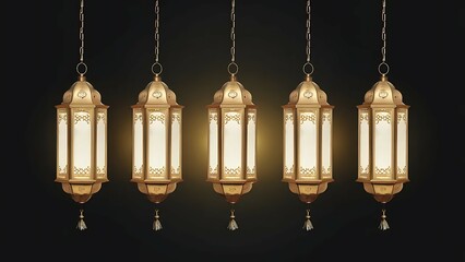 islamic glowing golden lanterns hanging on dark background.