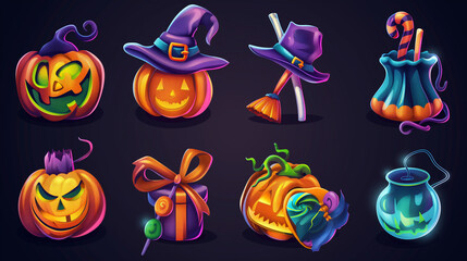 Wall Mural - Asset of Halloween for mobile game, ui game, slot game isolation on dark background, Illustration.