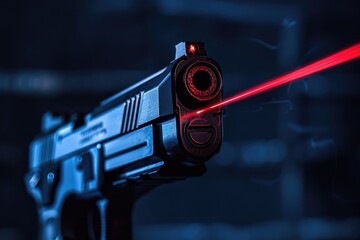 Wall Mural - A close-up of a handgun with a bright red laser beam attached, suitable for use in various contexts such as crime scenes, law enforcement, or action movies