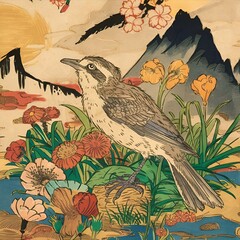 Sticker - AI generated illustration of a sweet bird of youth in the style of a Japanese woodprint