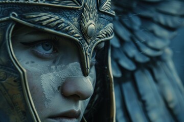 Closeup of a woman warrior's intense eyes, partially obscured by her intricate helmet