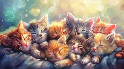 Many adorable cartoon colorful kittens cuddling together looking at you as a cute background, greeting cards, lovely colorful funny backgrounds, cat lovers wall paper