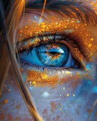 Close-up of a blue eye with vibrant orange and blue paint splatters, creating a captivating, artistic visual effect.