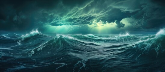 Poster - Stormy sky over azure sea with emerald waves creates dramatic landscape. Rich colors contrast beautifully, providing a stunning backdrop for copy space image.