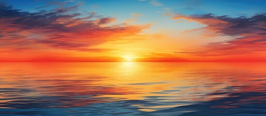Wall Mural - Striking sunset with vibrant hues of orange, yellow, and red reflecting over the ocean under a clear sky with a striking beauty, suitable as a copy space image.