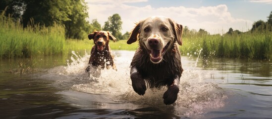 Poster - Two Labradors frolic in a green field, chasing each other around and splashing in a puddle, with a serene landscape creating a beautiful background for a copy space image.