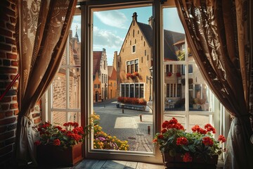 Wall Mural - Old architecture in Belgium, travel to Bruges. Historical town in Europe, Flanders. Medieval houses by river street, Benelux Belgian water. Flemish European tourism, canal