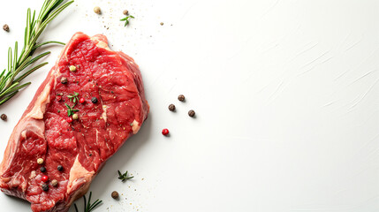 Fresh raw beef steaks with rosemary and peppercorns on white background. Copy space. Generative AI	