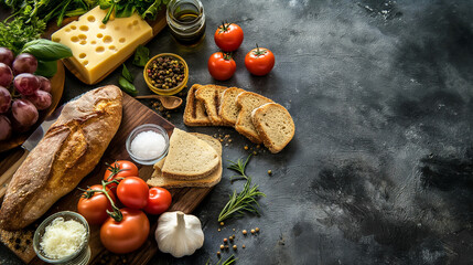 Wall Mural - Rustic breakfast ingredients with bread, cheese, tomatoes, and herbs on a dark background. Copy space. Generative AI	