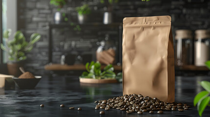 Poster - A kraft paper coffee bag with scattered coffee beans in a rustic kitchen setting, ideal for showcasing packaging design and branding concepts. mockup