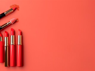 vibrant cosmetic arrangement on minimalist coral background
