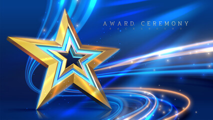 Wall Mural - Golden star on a vibrant blue background with swirling lights, perfect for award ceremonies and celebratory events. Vector illustration.