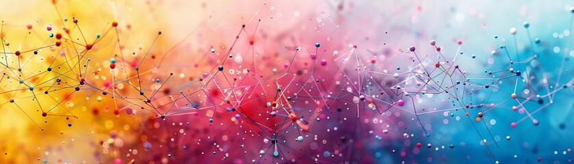 Vibrant abstract digital art with colorful gradient and connecting dots, showcasing modern technology and network connections in a creative design.
