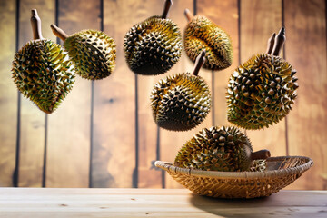 durian in a basket on a table