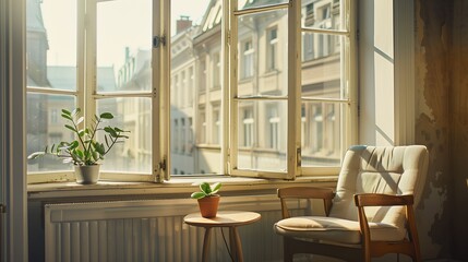 Poster - White home window, interior with light. Architecture design in a bright room, sunlight view, wooden apartment. Decoration and wall background. Beautiful city nature, furniture