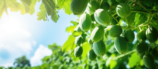 Poster - Outdoors, a low-angle view of unripe papaya fruits growing on a tree with copy space image.
