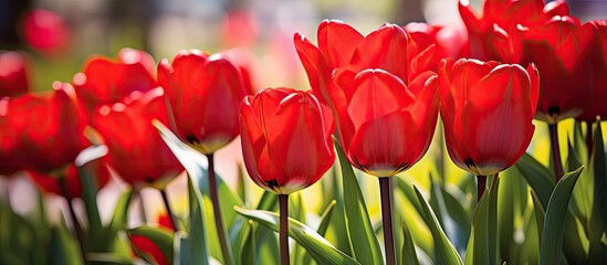 Aufkleber - Vibrant red tulips blooming in the garden create a picturesque scene with a colorful display, perfect for a copy space image.