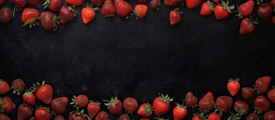 Poster - Top-down view of a strawberry-patterned black table with empty space for text or visuals in the center; perfect for a copy space image.