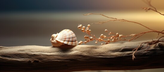 Seashore scene with two shells on a tree branch in the sand, creating a tranquil copy space image.