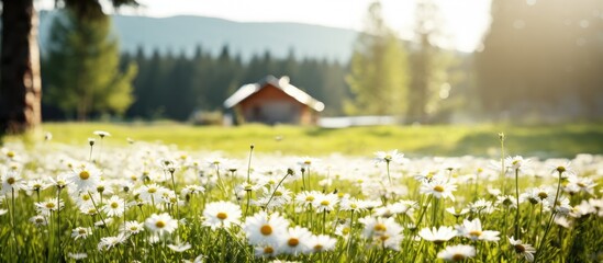 Poster - Wild daisies blooming in a picturesque farm meadow with a forest in the background, ideal for a copy space image.