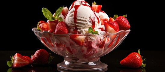 Poster - Delicious ice cream topped with plump, juicy fresh strawberries, perfect for a summer treat!.