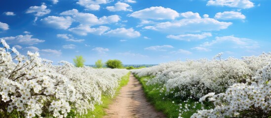 Poster - Scenic rural pathway surrounded by white cutter flowers under a clear blue sky with space for text or other images.
